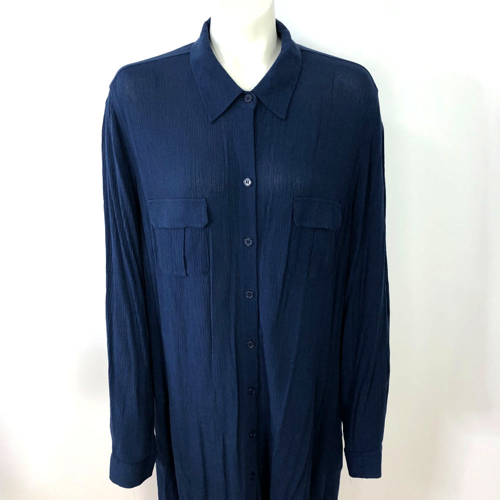 Soft Surroundings XL Women's 100% Rayon Button Front Maxi Dress Crinkle Blue